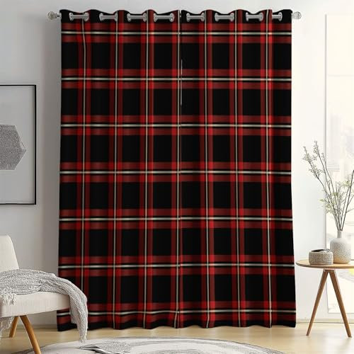 Vorhang Schottisches Plaid Blickdichte Gardinen, Verdunkelungsvorhänge mit Ösen H260 x B140 cm (2er Pack) Set Gardinen mit Ösen für Schlafzimmer WohnzimmerRot