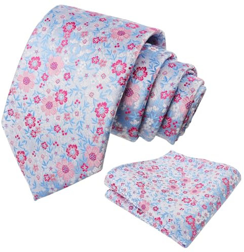 Alizeal Cravate florale pour homme avec poche carrée pour fête de mariage et mouchoir, 129-Bleu clair + Rose, taille unique