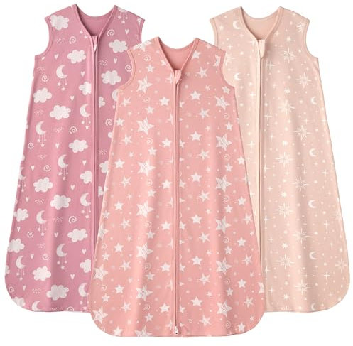 FIEMOL Baby Schlafsack 0–6 Monate 0.5 Tog Tragbare Babydecken aus Baumwolle, 3er-Pack Atmungsaktiver Sommer Schlafsack für Neugeborene 58–66 cm Rosa Sterne