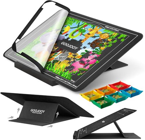 GOOJOOY Jigsaw Puzzle Board with Adjustable Foldable Bracket/Stand, Lightweight Portable Puzzle Board Plateau with Felt Easel, Jigsaw Board for Up to 1000 Pieces, 6 Puzzle Sorters + 1 Cover