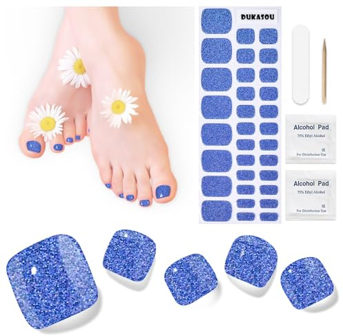 Nagelfolie UV Härtend - 32 Stück Fußnägel Zum Kleben UV Gel Nagelfolie Selbstklebend mit Jeder Nagellampe Inkl Nagelpads Nagelfeile und Holzstäbchen (Glitzerblau)
