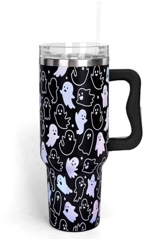 Whaline 40 oz Halloween Tumbler with Handle Straw and Lid Ghost Travel Tumbler Coffee Cup for Women Travel Trick or Treat Birthday Party Horror Gift
