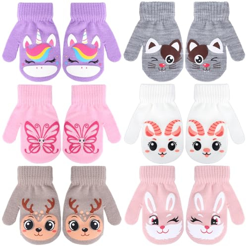 QKURT 6 Paar Kinderhandschuhe, Kinder Magic Stretch Handschuhe Strick Warme Weiche Strickhandschuhe Winterhandschuhe mit Cartoon-Motiven für Jungen und Mädchen