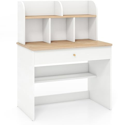 SFAREST Kids Study Table, Wooden Children Desk with Hutch & Drawer, Open Shelf, Student Writing Table for Drawing, Reading, Studying