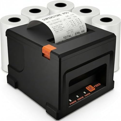 Fuhuihe Thermodrucker 80mm Mobiler Einsatz, USB & Bluetooth, 300mm/s, Nur für Windows/Mac, Inkl. 5 Rollen + 58mm Adapter