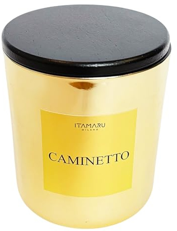 ITAMARU – Candela Profumata Natalizia Artiginale Caminetto, in Cera di Soia 100%, con Stoppino in Legno, Vetro Oro e Coperchio in Legno Nero, 200g – Handmade in Italia | Regalo di Natale