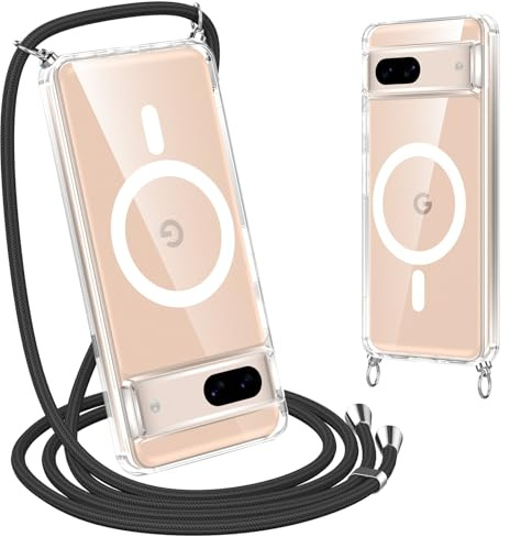 Coiwxmoi Magnetisch Handyband Hülle mit Band für Google Pixel 8, [Kompatibel mit Magsafe] Necklace Handyhülle Schutzhülle zum Umhängen Kordel, Transparent Stoßfest Kratzfest Case mit Kette, Schwarz