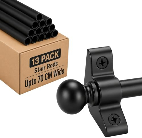 FROSHKAR Stair Rods for Runners Pack 13 - Black - for Runners Up to 70 cm Wide, Cut to Size, Decorative Black Carpet Stair Rods, Round Finials with Fixings