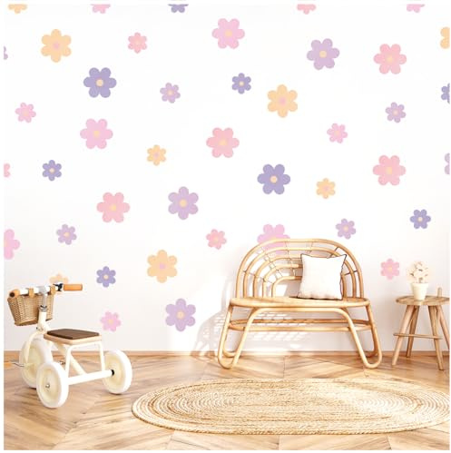 Wally Fox - Wandtattoo Kinderzimmer Blumen - Kinderzimmer Deko 55 separate Aufkleber - Wandtattoo Kinderzimmer Sicher für Kinder - Wanddeko Violett, Gelb, Rosa - Violett-rosa Blüten, 31x150