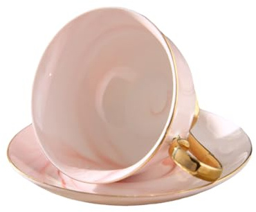 OSALADI Ensemble Tasse à Café en Céramique 250 Ml Style Nordique avec Soucoupe Assortie, Motif Marbre Blanc, Poignée Rouge et Dorée, Mug à Lait Polyvalent pour Thé, Espresso, Cappuccino,