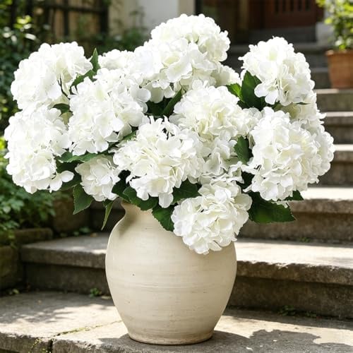 Laelfe 3 Piezas Grande Hortensias Artificiales para Exterior, Blanco | 45 cm Tallo Largo Ramos de Hortensias de Seda para Jardín, Terraza, Porche, Centros de Mesa