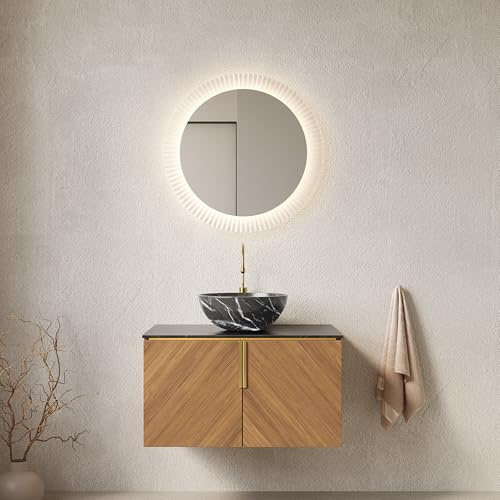 Generisch Mueble de baño de 76 cm con lavabo de cerámica con diseño de piedra, encimera de piedra sinterizada negra, armario de madera contrachapada de 2 puertas, roble marrón