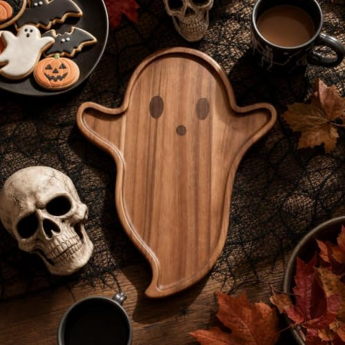 Halloween Wooden Serving Platters,Ghost Shape Charcuterie Boards Funny Cutting Board,15.75 x 12.60 x 0.59,Decorative Wood Snack Dish Plates for Halloween Fruit Bread Salad Snack Dessert (Brown)
