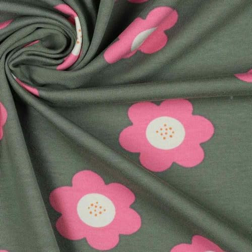 Jersey Stoff Blumen Rosa Grün als Meterware zum Nähen, 50 cm