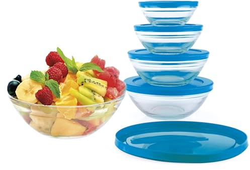 Jocca Ensemble de Bol en Verre avec Couvercle Anti-Gouttes, Bleu, Lot de 5