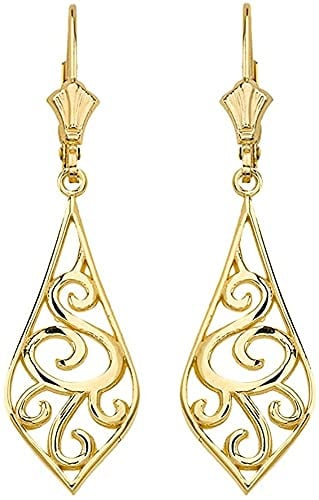 14K Yellow Gold Art Nouveau Swirl Teardrop Dangle Lever back Earrings - 1.42
