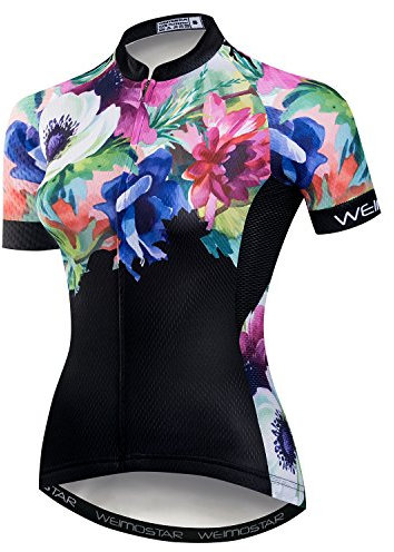 JPOJPO Damen-Fahrradtrikot, kurzärmelig, atmungsaktiv, mit Taschen, Blumenmotiv, a1, Groß