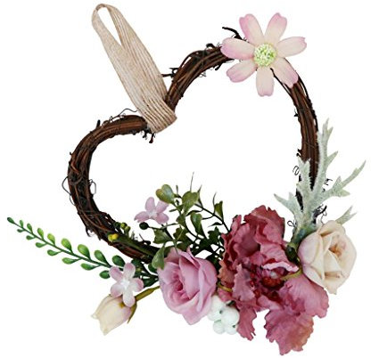 SM SunniMix Heart Rattan Artificial Rose Flower Wreath Spring Garland Home Decor, Dusty Pink, 18 x 14 x 6 cm