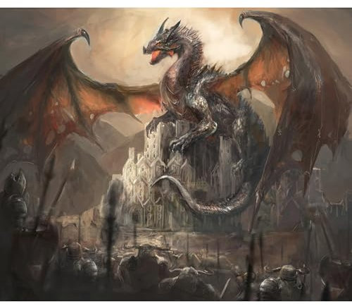 decomonkey Fototapete selbstklebend Drachen Ritter 392x280 cm XL Selbstklebende Tapeten Wand Fototapeten Tapete Wandtapete klebend Klebefolie Schloss