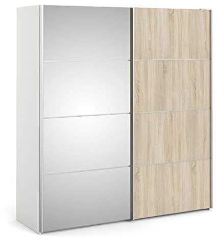Furniture To Go | Verona Sliding Wardrobe 180cm in White with Oak and Mirror Doors with 2 Shelves