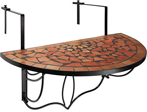 tectake® Balkonhängetisch Mosaik, halbkreisförmiges Design, Balkontisch klappbar, Massive Steinmosaik-Tischplatte, Balkontisch mit Metallhaken, Hängetisch für Terrasse und Balkon - Terracotta
