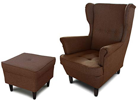 Ohrensessel Sessel King - Lounge Sessel mit Armlehnen - Retro Stuhl aus Stoff mit Holz Füßen - Polsterstuhl für Esszimmer & Wohnzimmer (Braun (Inari 24), mit Hocker)