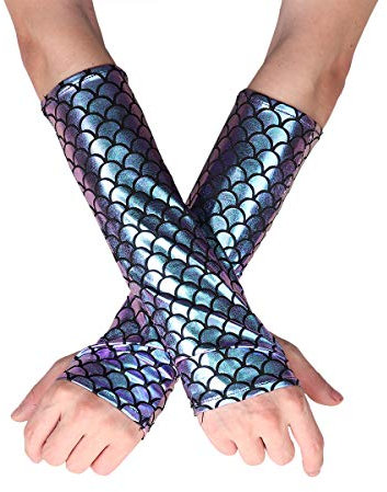 iEFiEL Damen Fingerlose Handschuhe Glänzend Meerjungfrau Fischschuppen Gedruckt Lange Handschuhe für Party Cosplay Fasching Clubwear Kostüm Accessoires Zubehör Blau & Lila One Size