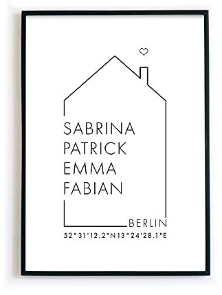Personalisiertes Familien Haus Poster – Personalisiertes Geschenk zum Einzug - Neue Wohnung/Haus - optional mit Bilderrahmen (Din A4 (21x29,7cm))