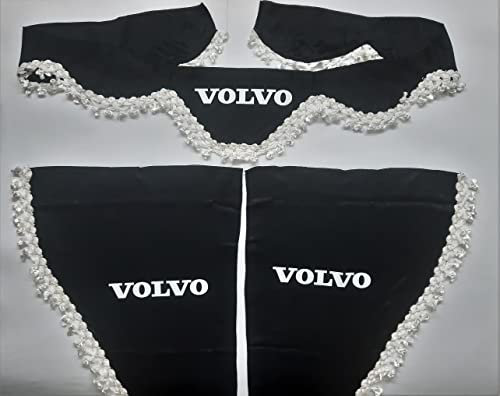 Set mit 3 dekorativen Vorhängen aus Plüsch mit weißen Pompons für Volvo LKW (schwarz)