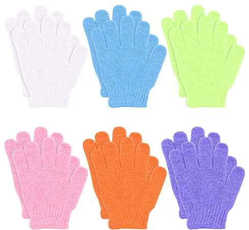 VEGCOO 6 Paires Gant Exfoliant, Gommage Corps, Gant Exfoliant Corps, Gants De Toilette pour Femmes Hommes Enfants Douche/Bain/Spa/Massage (6 Couleurs)