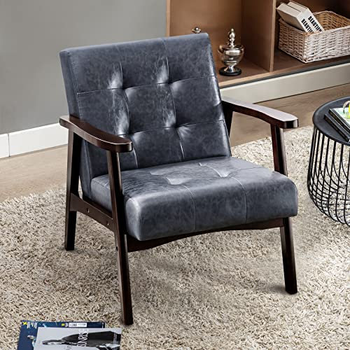 Retro Holzsessel Sessel Wohnzimmer Loungesessel Polsterstuhl mit Armlehnen Retro Sessel mittelalterlicher Holzrahmen Designstuhl aus Kunstleder und Eiche,geeignet für Schlafzimmer Café (Dunkelgrau)