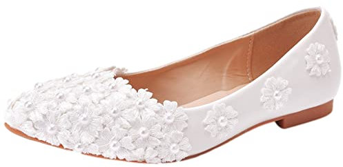 Jamron Donna Elegante Fiore Perle Scarpe da Sposa Pumps Suola Morbida Ballerine a Punta Bianco SN070435 EU39.5