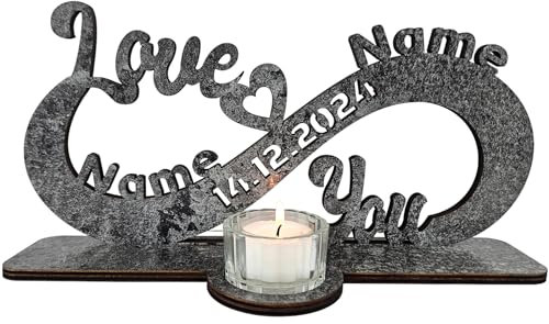 Waluna® Liebeseschenk Love You zum Valentinstag Hochzeitsgeschenk personalisiert mit Namen & Datum Teelichthalter Unendlichkeitszeichen zum Geburtstag Jahrstag Teelichthalter in 12 Farben Tischdeko
