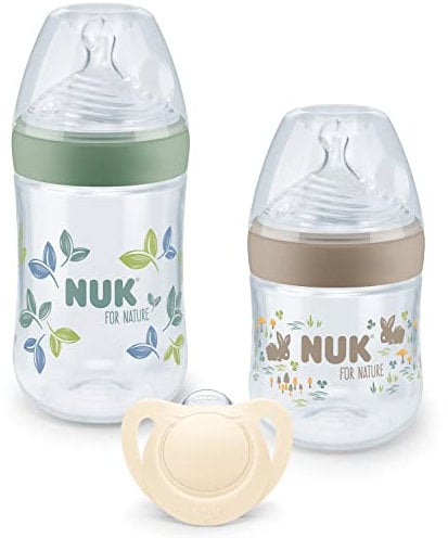 NUK for Nature Start Set Babyflasche und Schnuller, 0−6 Monate, 100 % natürliche Rohstoffe, 2 x Flaschen (150 ml + 260 ml), 2 x Schnuller aus Silikon, BPA-frei, 4 Stück