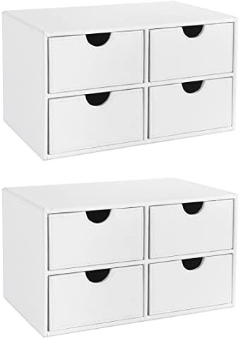 OSCO Faux Leather 4 Drawer Storage Chest, Stylish Desk Organiser for Stationery, Makeup, Jewellery & Accessories – Stackable Compact Drawer Box with Felt Lining for Home or Office – 2 Pack, White