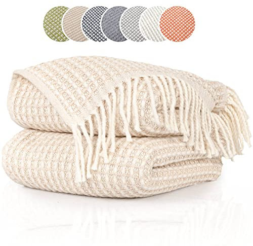 ANRO Tagesdecke Kuscheldecke Sofaüberwurf Couch Decke Sofadecke Wohnzimmerdecke Bettüberwurf mit Fransen Beatriz 130x160cm Beige