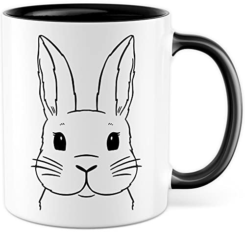 Kaninchen Tasse Hasen Bild süße Kaffeetasse mit Tier Motiv Karnickel Kaffee-Becher Häschen Humor Geschenk Spruch Teetasse Haustier Hase Langohr Halter cute Kaninchen Zeichnung (Weiß/Schwarz)
