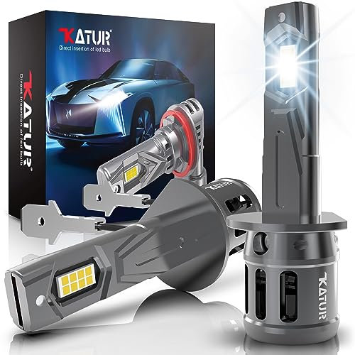 KATUR Ampoule H1 LED 16000LM, 80W 400% Lumière 6000K Blanc Anti Erreur Kit de Conversion LED H1 Phares, 1:1 Mini Taille Plug and Play pour Rechange Lampes Halogènes(Pack de 2)