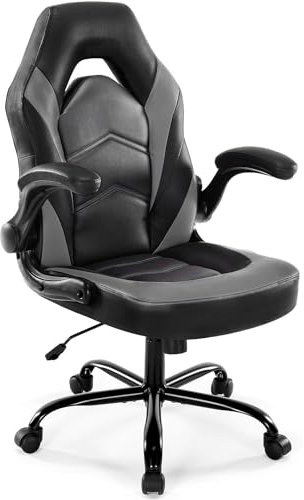 DUMOS Silla para Videojuegos ergonómica, Silla de Juegos giratoria Ajustable de Piel sintética con reposabrazos Plegables, Adecuada para el hogar, la Oficina, etc. (Negro-Gris)