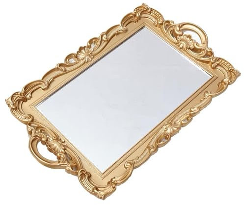 Bandeja decorativa rectangular vintage con espejo para mesa de postre, mesa de café, tocador, decoración del hogar, bandeja de servir con asa (dorado)