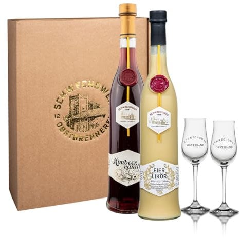 Schwechower Präsent Nr.1695 - Eierlikör und Himbeer-Vanille Likör - Bester Eierlikör + Fein-fruchtiger Himbeer-Vanille Likör + 2 Aromagläser (Geschenk)