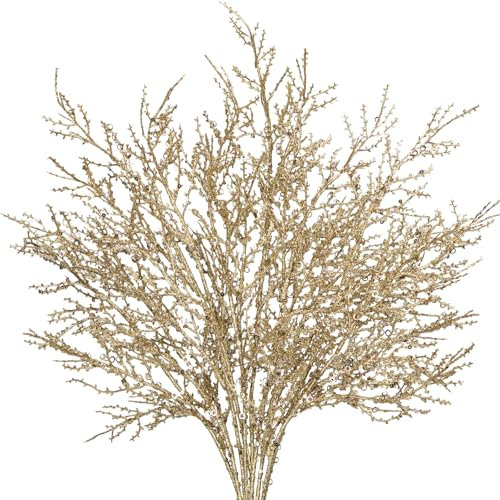 Hollyone 5PCS Glittery Christmas Branches with Sequins, Champagne Gold Arificial Plant with Long Stems, Faux Sticks for Xmas Tree Decorations, Winter Wedding, Floral Arrangement, Party