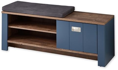 Stella Trading Dijon Schuhbank mit Sitzfläche in Parisian Blue, Haveleiche Cognac Optik - Moderne Sitzbank mit Stauraum für Flur und Garderobe - 130 x 52 x 38 cm (B/H/T)