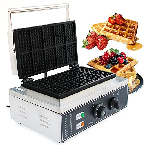 Waffeleisen Professional, 220V Kommerzielle Waffelmaschine 10Pcs 1500W Elektrische Waffelmaschine mit Antihaftbeschichtete Platten&Zeitschaltuhr, Zeit und Temperatur steuerbar (D)