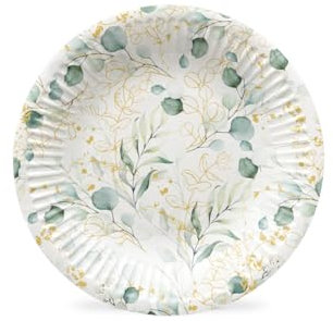 PAW - Assiette Jetable en Carton (18 cm) I Lot de 8 I Assiettes Jetables Idéales pour Mariage, Communion, Fêtes, Anniversaire I Impression de Assiettes en Papier à Base d'eau I Eucaliptus Doré