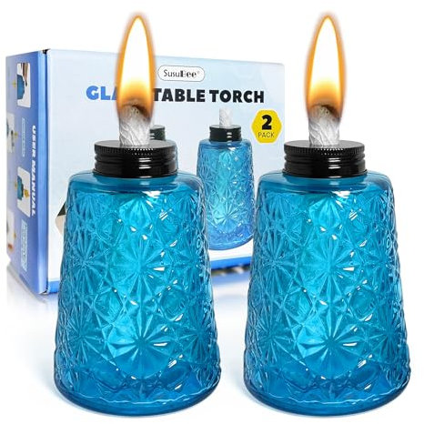 Glass Oil Lamp Table Torch Canisters 2PACK Citronella Oil Burner Torches for Outdoor Patio with Wicks and Cap