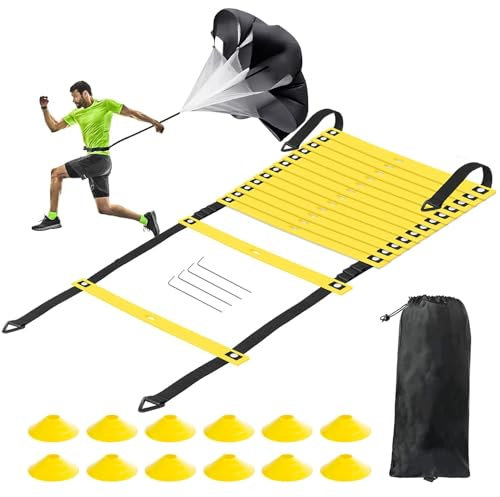 YBCPACK Fussball Trainingszubehör - 6M Koordinationsleiter mit 12 Hütchen und Lauf Fallschirm für Handball, Basketball, Tennis Training - Fußball Trainingsset Equipment für Kinder