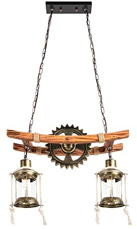 SAUADY Pendelleuchte Ketten-Deckenleuchte Vintage-Holz-Hängeleuchte 2-Licht-Hängeleuchte Höhenverstellbare Größe der Basis: 26 * 9cm Gesamtlänge: 55cm 60W