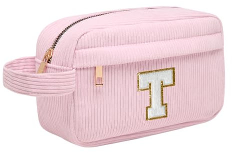 Initialen Make-up-Tasche, Cord-Kosmetiktasche, Reise Kulturbeutel mit Metall Reißverschluss, Tragbare Schminktasche Damen, Organizer, Weihnachts Geburtstagsgeschenke für Frauen Mädchen Rosa T