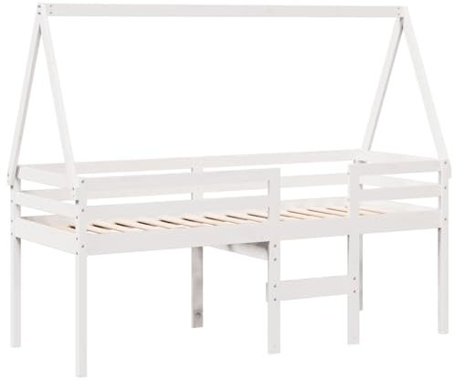 vidaXL Hochbett, Kinderbett mit Dach Leiter Sperrholzlatten, Spielbett für Kinderzimmer, Bett Holzbett Einzelbett, Weiß 90x200cm Massivholz Kiefer